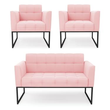 Imagem de Kit 1 Sofá Namoradeira E 2 Poltronas Elisa Suede Rosa Bebê Base Metálica Industrial Preto - D'rossi