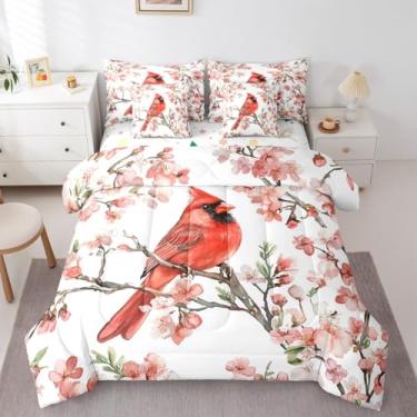 Imagem de Erosebridal Jogo de cama de casal cardeal com lençol de flor de cerejeira, 7 peças, pássaro vermelho voando, animais selvagens, conjunto de colcha para crianças, adolescentes e adultos