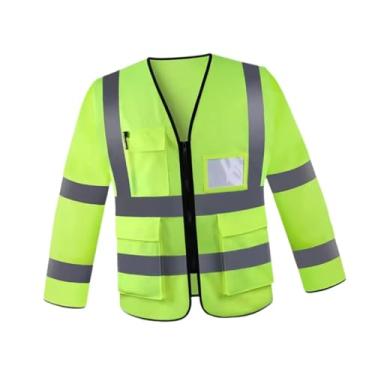 Imagem de oshhni Colete Refletivo de Alta Visibilidade Manga Longa Faixas Altamente Refletivas Versátil com Bolsos para Policiais Trabalhadores, Verde
