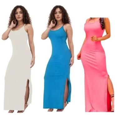 Imagem de KIT C/3 Vestidos Canelado Longo com Fenda - Emporio J, Branco, Azul bb