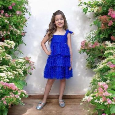 Imagem de Vestido Infantil Azul Royal de Alça com Plumas Luxo - Tamanhos Variado
