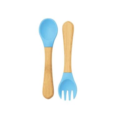 Imagem de Kit Talheres Infantil Bambu E Silicone 2 Peças Azul Petit
