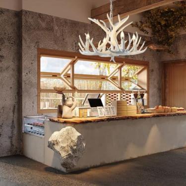 Imagem de Lustre E27 Retro Estilo Pastoral Resina Lâmpada pendente Antler Branco Antigo Restaurante Criativo Iluminação Corrente de Metal Altura Ajustável Cozinha Ilha Luz Sala de Estar Quarto Bar Caf