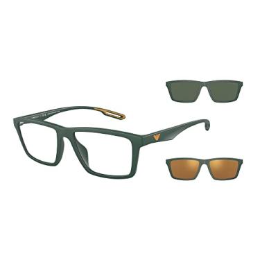 Imagem de Emporio Armani Armação masculina Ea4189u de ajuste universal com dois clipes de sol intercambiáveis retangulares, Verde fosco/transparente/verde escuro/laranja espelhado, 55 mm