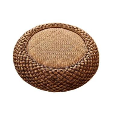 Imagem de pufe Almofada redonda de rattan futon japonês tatami varanda sala estar almofada chão espessada grama decoração quarto(Brown,60cm)