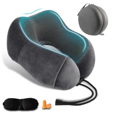 Imagem de Travesseiro de pescoço para viagens de avião, almofada de viagem de espuma viscoelástica para dormir com encosto de cabeça, vem com bolsa de armazenamento. Tampões de ouvido e máscara para os olhos