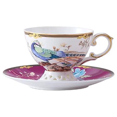 Imagem de WOTZOV Cerâmica requintada, canecas de cerâmica, chávena de café, caneca de pequeno-almoço chinesa com conjunto de pires, chávena de café de estilo chinês elegante, chávena de chá da tarde britânica