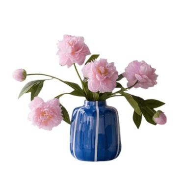 Imagem de 2 peças de flores artificiais de peônia com vaso de cerâmica, flores falsas de toque real, planta para decoração de casa, cozinha, jardim, festa