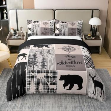 Imagem de Erosebridal Capa de edredom Bear Deer 100% algodão, solteiro, rústico, fazenda, patchwork, conjunto de cama para crianças, meninos, adolescentes, homens, vintage, cabana de cabana, edredom com estampa