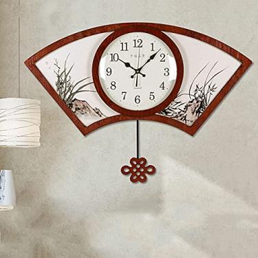 Imagem de ZYHSIJOBAS Decoração de parede de metal para casa, relógio de parede para decoração de sala de estar, relógio de parede, novo relógio de parede chinês em forma de leque de madeira