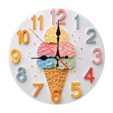Imagem de Relógio de parede com cone de sorvete colorido, relógio de parede de madeira de 25 cm, movimento silencioso, operado por bateria (pilhas AA não incluídas), decoração artística de casa