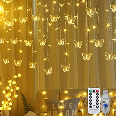 Imagem de Luzes de cortina de borboleta, Decoraman 8 modos, 120 luzes de LED com cordão de fada, luzes brilhantes alimentadas por USB com controle remoto para decoração de quarto festa de casamento e Natal (4,5 m x 0,5 m, branco quente)