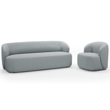 Imagem de Sofá 3 Lugares 205cm Com Poltrona Giratória Orgânica Heidy F04 Linho Cinza - Lyam Decor
