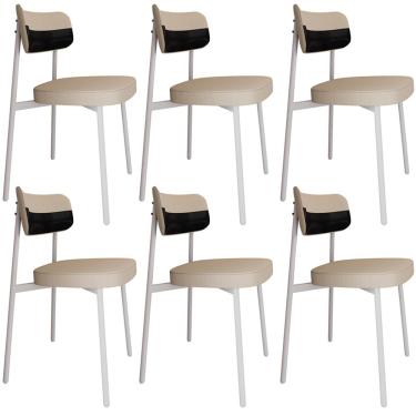 Imagem de Kit 06 Cadeiras Estofada Para Sala de Jantar Astrid Branco C01 Linho Areia Courino Preto - Lyam Decor