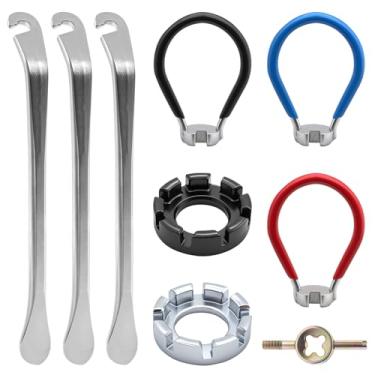Imagem de KCMOSGI Chaves de raio de bicicleta, kit de ferramentas de raio de bicicleta com 9 alavancas de pneu de bicicleta, chave de raio com alça de borracha, kit de ferramentas de reparo de bicicleta de 9