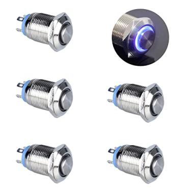 Imagem de DMWD 5pcs 12mm Metal Waterproof Anti-Vandal Momentary Push Button Switch High Round Cap Self-Reset Silver Shell 1/2" Mounting Hole 12V-24V (ON)-Off 4Pins 1NO Plug in Halo Ring (Blue LED Light)