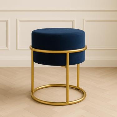 Imagem de Puff Redondo com Base de Ferro Dourada – Decoração Moderna e Sofisticada (Azul)