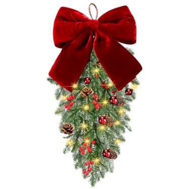 Imagem de Yunlly Ganhos de lágrima de Natal pré-iluminados de 61 cm operado por bateria de Natal com luzes, pinhas, ramos de pinheiro, enfeite de guirlanda de Natal para decoração de pendurar em casa e