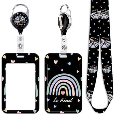 Imagem de Cordão de crachá fofo arco-íris para chaves de crachá de identificação Be Kind, clipe retrátil de carretel para trabalho e escola, coração, coração, preto, chaveiro para mulheres, meninas, crianças