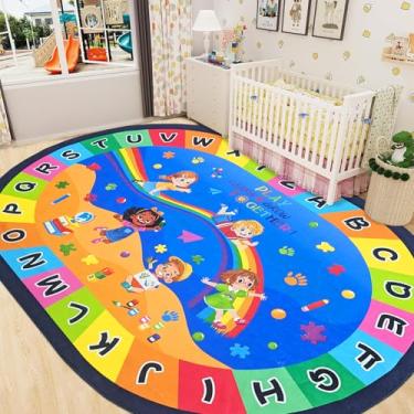 Imagem de USTIDE Tapete oval grande para crianças, 1,5 m x 25,4 cm, alfabeto ABC, oval para sala de aula, brincar, estudar juntos, tapete antiderrapante para crianças, sala de jogos, sala de aula