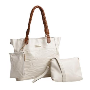 Imagem de Kit 3 Bolsas Femininas – Bolsa Grande, Transversal e Necessaire | Couro Sintético Branco com Alça Caramelo Trançada