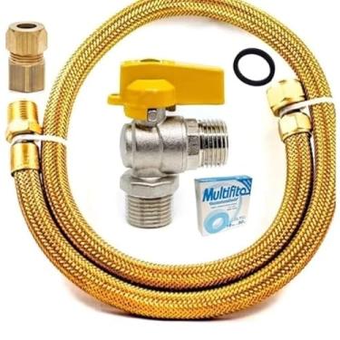 Imagem de Multifit Kit Instalação Gás Encanado, Mangueira de Cobre Trançada Dourada com Registro Angular 90° e Adaptadores Dako Fêmea, Kit Completo para Gás (6,00 Metros)