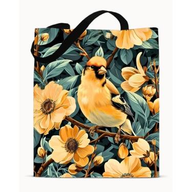 Imagem de Sacola vintage amarela floral com flores de pintassilgo - Bolsa estética de lona com cordão de ombro para mulheres