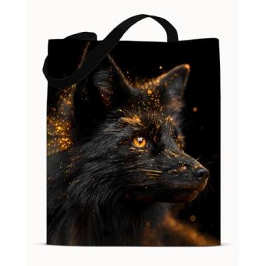 Imagem de Animal preto e dourado - bolsa de lona estética raposa - bolsa de ombro preta dourada moderna reutilizável para compras, trabalho, viagem, praia, bolsas