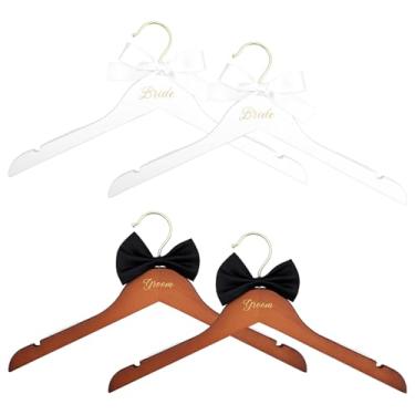 Imagem de blackonvlm Conjunto de 4 cabides para noivas, noivas e noivos, conjunto de cabides de casamento, cabides de madeira premium, para smoking com laço, presente de casamento, chá de festa (estilo 3)