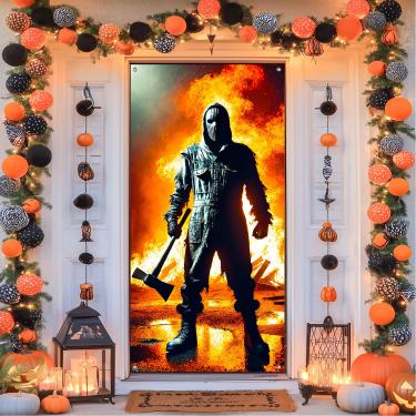 Imagem de BlissYard Capa de porta de Halloween Capa de portas de terror 188 x 89 cm design de figura de máscara assustadora de férias assustadoras decoração de porta de entrada acolhedora banner para sustos