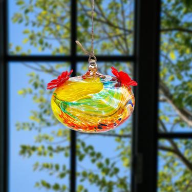 Imagem de Alimentador de pássaros de vidro com decoração de flores – Alimentador de pássaros pendurado ao ar livre para jardim, pátio, quintal (colorido)