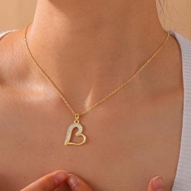 Imagem de Colar feminino banhado a ouro 14 K - Colar delicado de coração com pingente de asas de anjo, joia hipoalergênica que não mancha, presente de aniversário de Natal personalizado, joia moderna, 15.75+