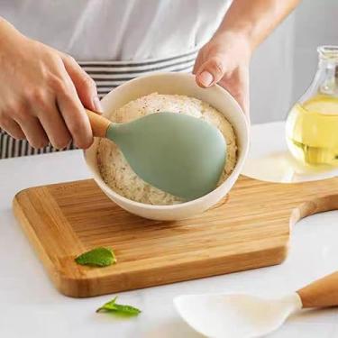 Imagem de Colher de arroz de silicone, colher de arroz reutilizável, cabo de colher de sopa de madeira, pá de colher de arroz de silicone branco, utensílios de cozinha, concha de cozinha, espátula antiaderente