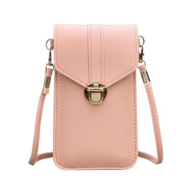 Imagem de Capa de telefone de couro PU bolsa transversal com tela sensível ao toque transparente, alça ajustável, bolsa de camada dupla, preta, marrom, rosa, rosa, Bonita