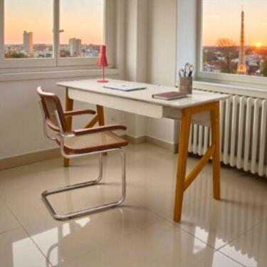 Imagem de Escrivaninha Taurus 1 Gaveta Mdf Pés Madeira Maciça Mesa De Estudo Aparador Moderno Off White