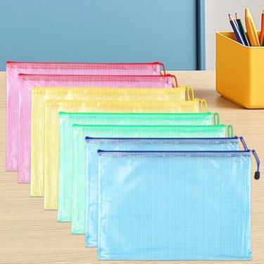 Imagem de 8 peças bolsa de malha com zíper, bolsa de plástico para documentos A6, pasta de arquivos à prova d'água com zíper para viagens, armazenamento de escritório, multicolorida