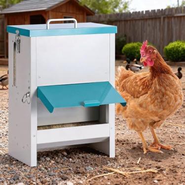 Imagem de ZHEQOGZH Alimentador automático de frango 10L de metal sem desperdício alimentador de aves de capoeira alimentado por gravidade grande dispensador de comida de frango com tampa bloqueável e tampa de