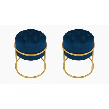 Imagem de Kit 2 Puff Banqueta Estofado Decorativo Base De Ferro Capitonê Suede Azul Marinho Eli Móveis E Decoração