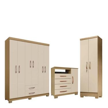 Imagem de Conjunto Guarda Roupa 6 Portas com Cômoda e Multiuso - Carvalho Americ