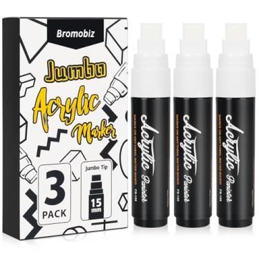 Imagem de Bromobiz 3 marcadores de pôster jumbo brancos, ponta de feltro grossa de 15 mm de largura, marcadores grandes de tinta acrílica para pintura em madeira, pedras, parede, plástico e metal, perfeitos
