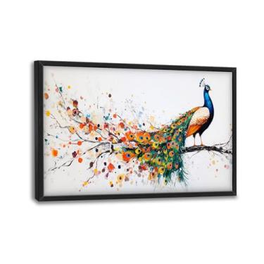 Imagem de Arte de parede de pavão, decoração de parede de imagens de pavão em aquarela elegante, pintura abstrata de impressões em tela de animais, arte emoldurada grande moderna para sala de estar, escritório