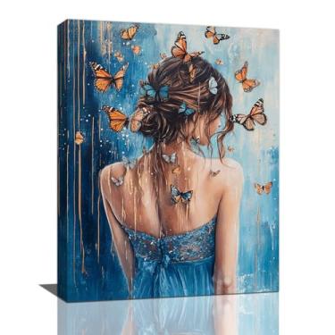 Imagem de Olivine Arte de parede de menina borboleta, imagem traseira de menina fantasia, impressão em tela de pintura de fadas e borboletas azuis românticas, arte moderna para banheiro, quarto, sala de estar