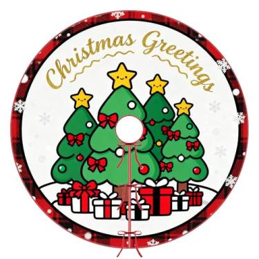 Imagem de Saia xadrez para árvore de Natal com saudações de Natal, 91 cm, flocos de neve, Feliz Natal, xadrez, rústica, para decoração de árvore de Natal, casa de fazenda, decoração de festas de fim de ano para