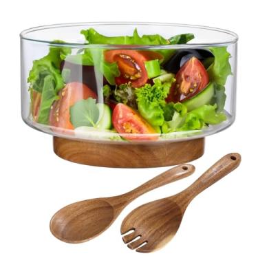 Imagem de Tigela grande de vidro para servir salada de 3,8 litros com base de madeira e utensílios de servir, perfeita para festas, frutas, lanches e massas