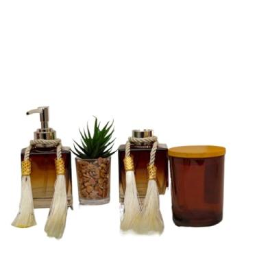 Imagem de Kit lavatório de vidro com difusor de aroma, sabão de vidro e decoração 10 peças(Âmbar)