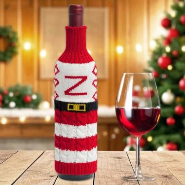 Imagem de 1 peça de capa decorativa de garrafa de vinho de Natal, lindo suéter de malha, recipientes de vinho, acessório de mesa de jantar para festa festiva (letra Z)