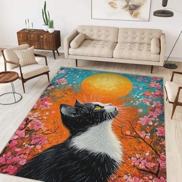 Imagem de Tapetes de área para gatos 12 x 18 cm, boho, gato, flores de cerejeira, tapete para sala de estar, interior, macio, antiderrapante, tapete fino, moderno, abstrato, para sala de jantar, escritório