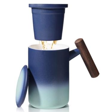 Imagem de Copo infusor de chá de porcelana de 425 g com tampa, caneca de chá de cerâmica com coador de porcelana para folhas soltas, copo de coador de chá com cabo de madeira, sem BPA, presentes para o amante