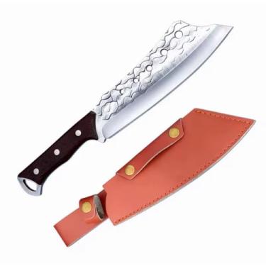 Imagem de Faca Cutelo Profissional Para Carnes, Lâmina de Aço Inoxidável, Cabo Marrom em Madeira, Estrutura Compacta Com Bainha, Comprimento Total 34cm