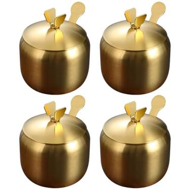 Imagem de LUMINFLY Frascos de tempero de aço dourado com tampa, 4 peças e colher, capacidade de 250 ml, design pequeno, ótimo para pimenta, sal e molho de soja, resistente à corrosão, longa duração